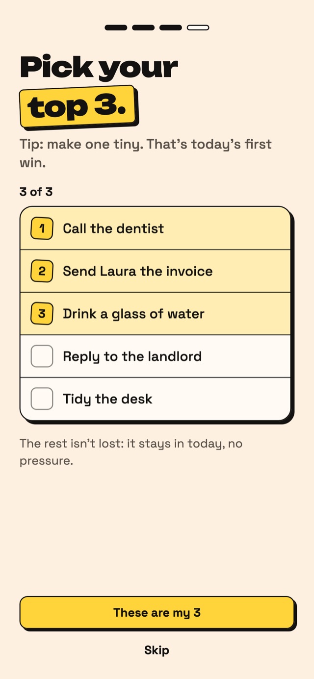 Agenda asking you to pick three things for today.