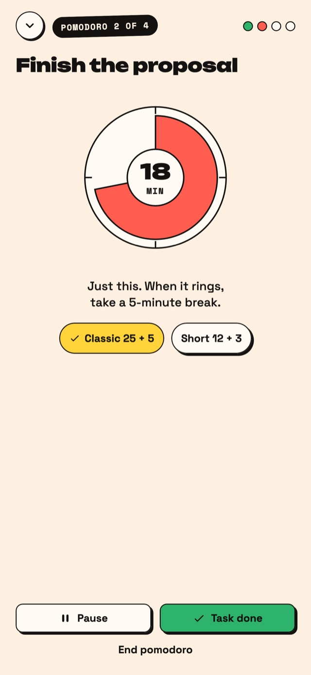 Agenda's Pomodoro with a single task on screen.