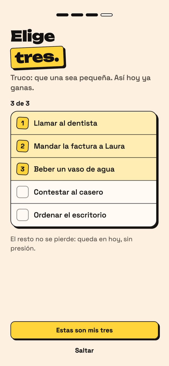 Agenda pidiendo elegir tres cosas para hoy.