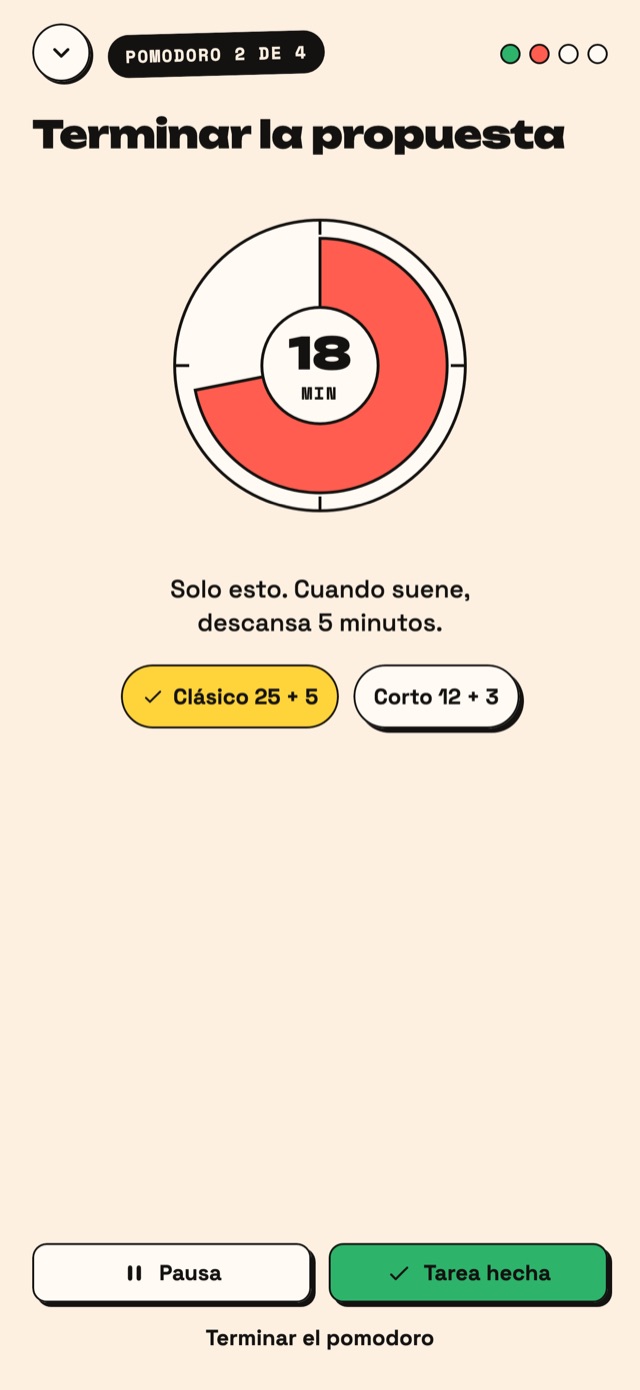 Pomodoro de Agenda con una sola tarea en pantalla.